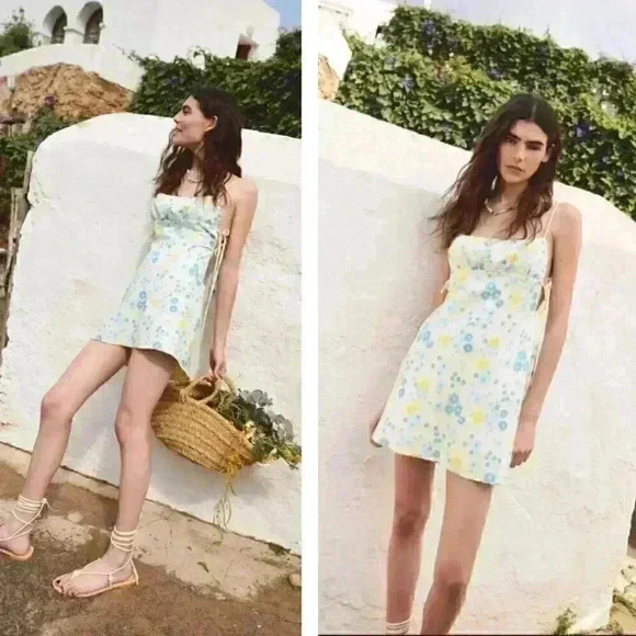 NWT Zara Linen Blend Floral Mini Dress Spaghetti Strap Beach Summer Pool Party - Picture 1 of 8